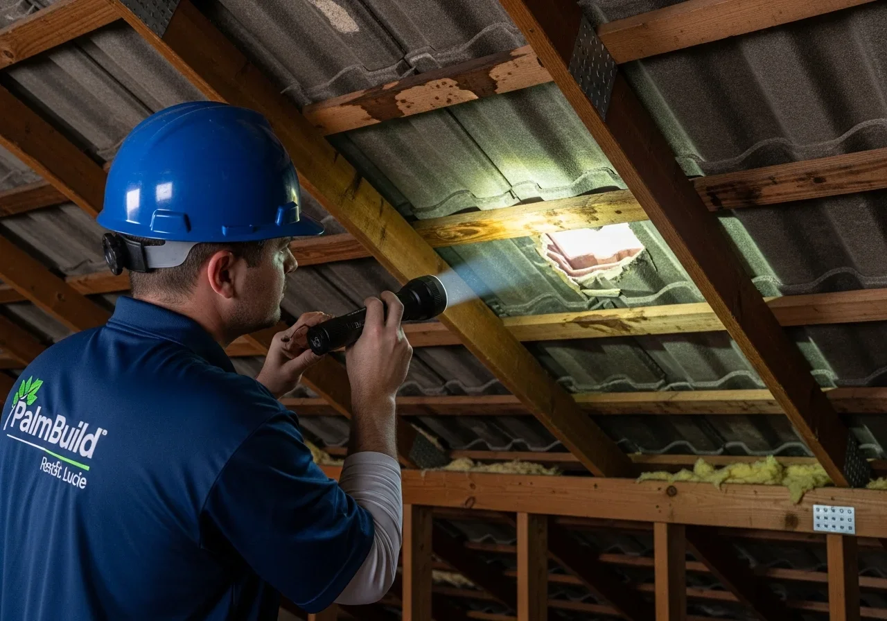 Professional roof damage inspection on a Port St. Lucie Florida home after storm damage
