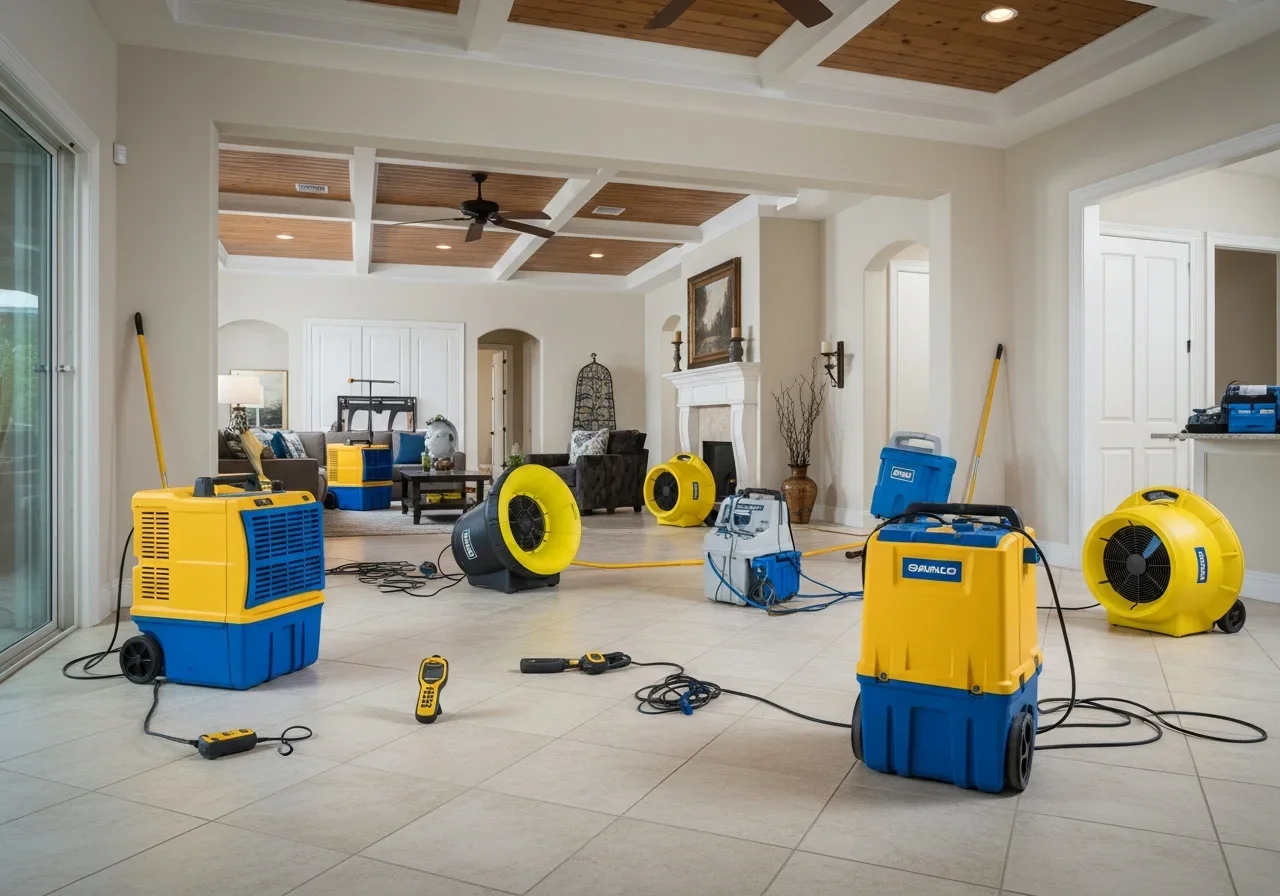 Structural drying equipment setup in an open-plan living room of a Port St. Lucie home during water damage restoration