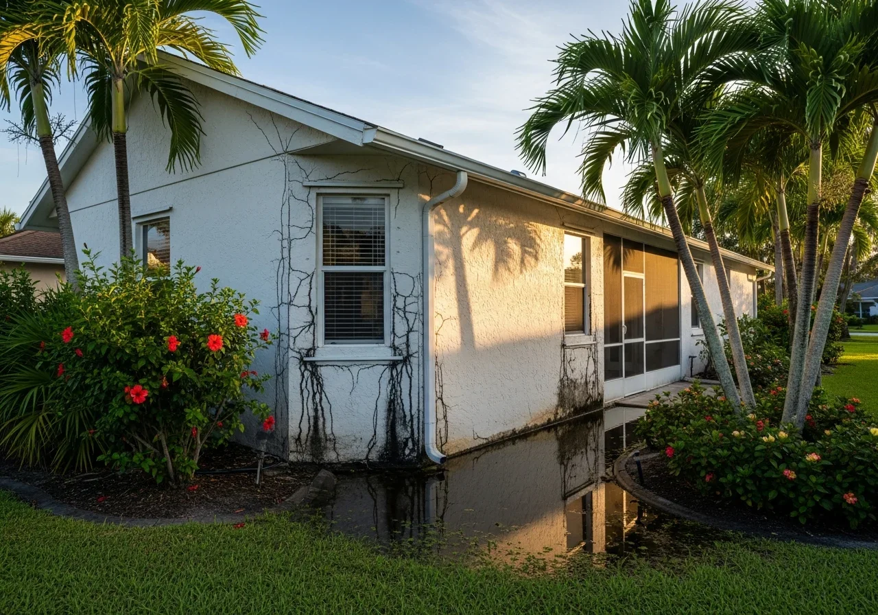 Stucco exterior water damage on a Port St. Lucie Florida home showing cracking and water staining
