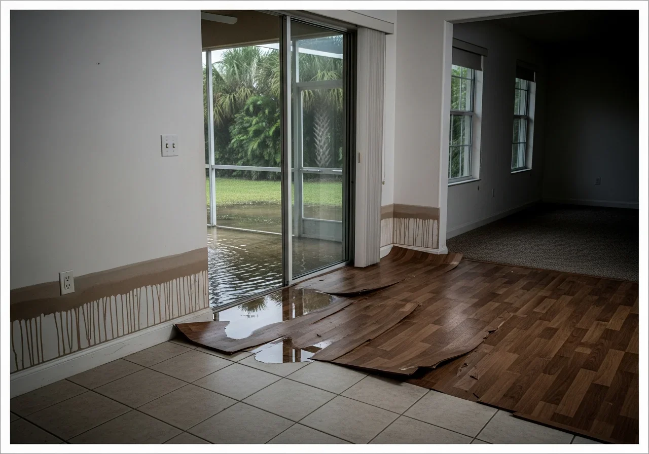 Water damage visible inside a Port St. Lucie Florida home showing waterlogged flooring and water stains on walls