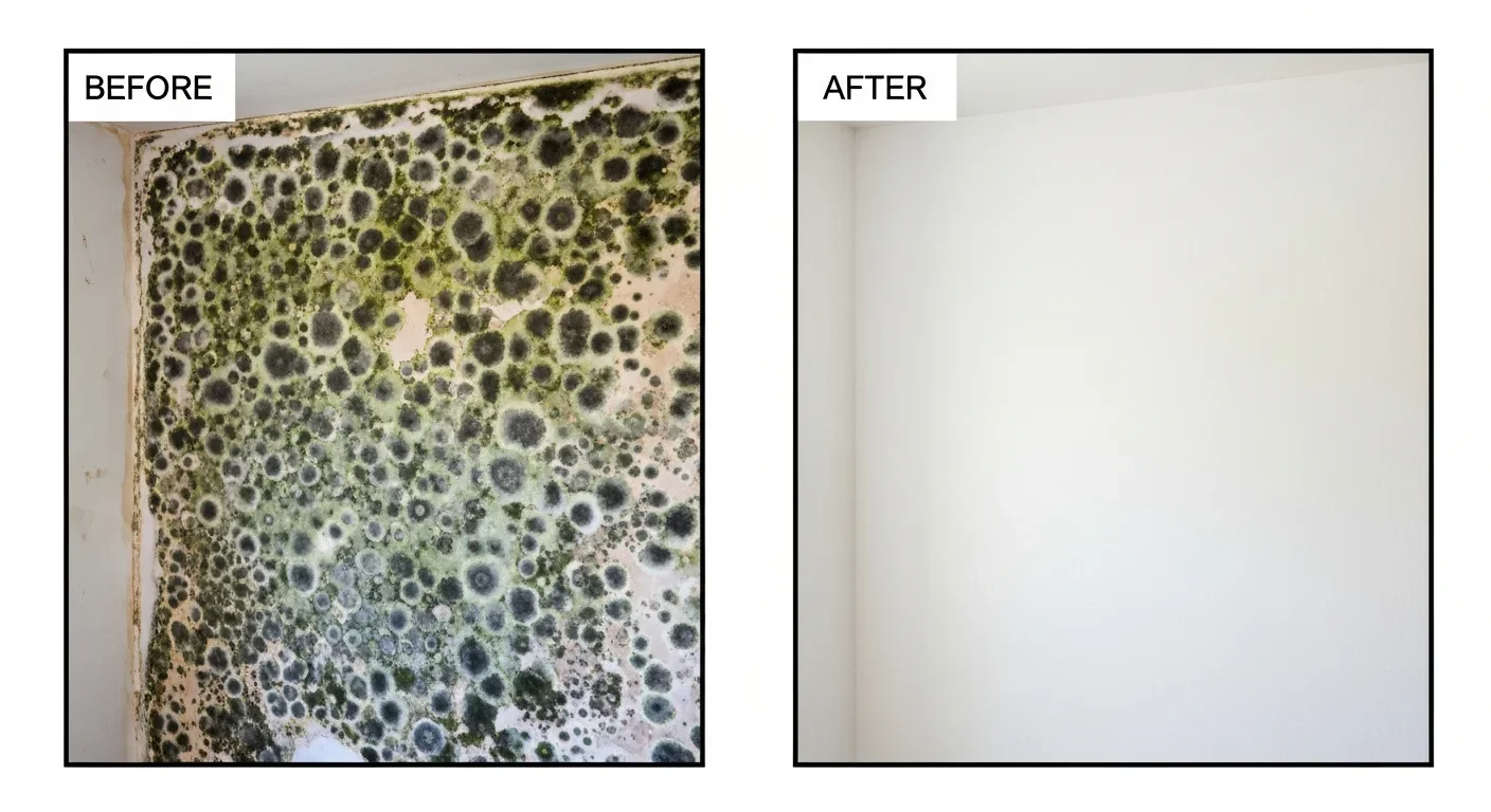 Before and after mold remediation in a Raleigh NC home — dark mold on drywall transformed to clean white wall
