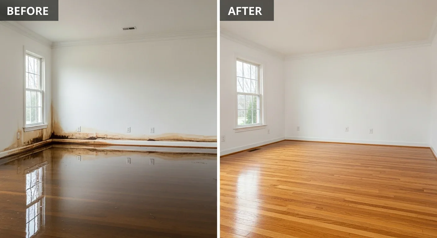 Before and after water damage restoration in a Raleigh NC home — flooded hardwood floors restored to dry clean condition