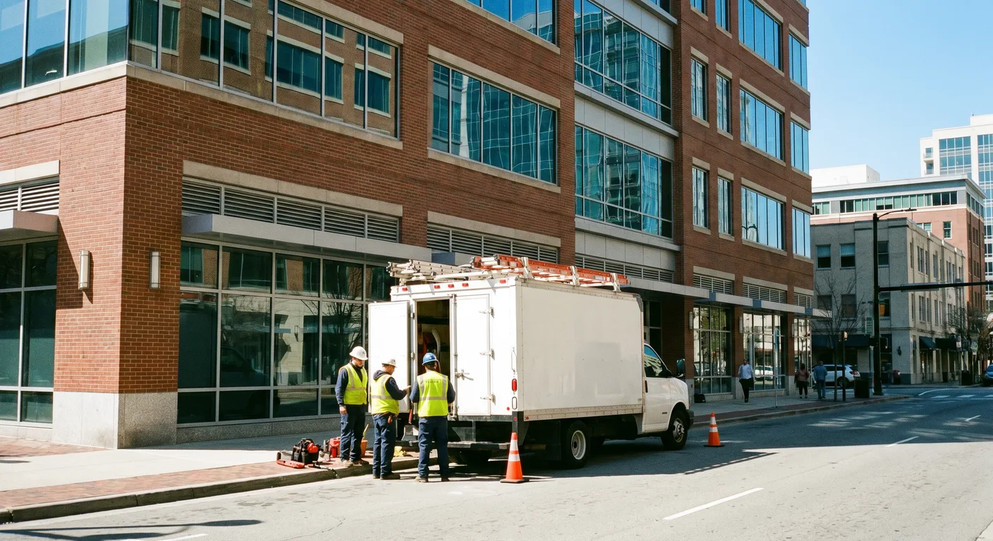 Downtown Raleigh office district with Palm Build restoration crew and commercial equipment staged after water damage in a multi-story office building