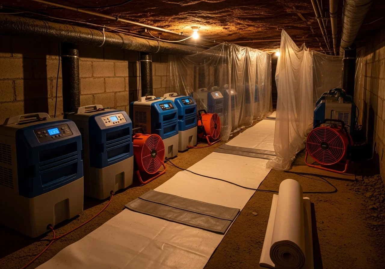 Commercial dehumidifiers and air movers running in a Raleigh NC crawl space during structural drying