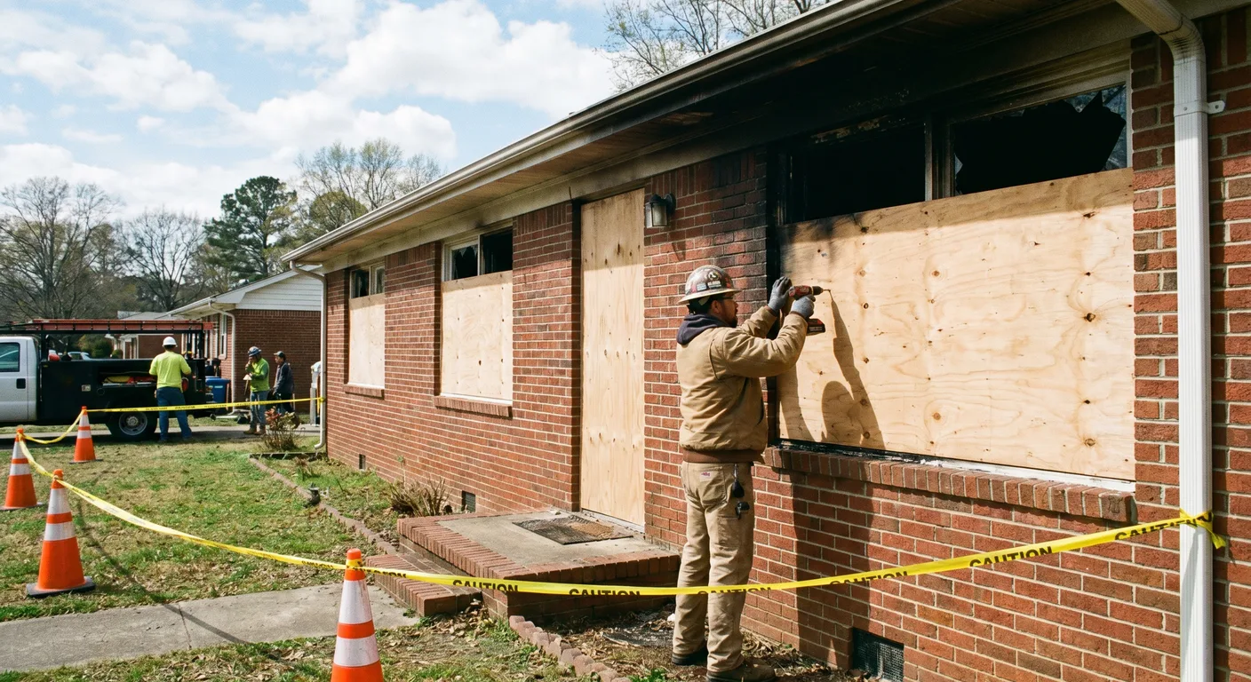 Emergency board-up service on a fire-damaged Raleigh NC home