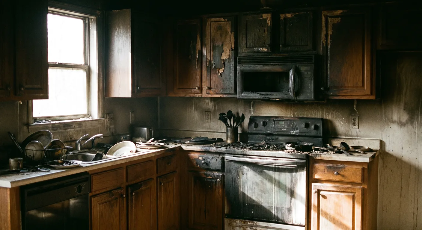 Fire-damaged kitchen in a Raleigh NC home with charred cabinets and heavy soot