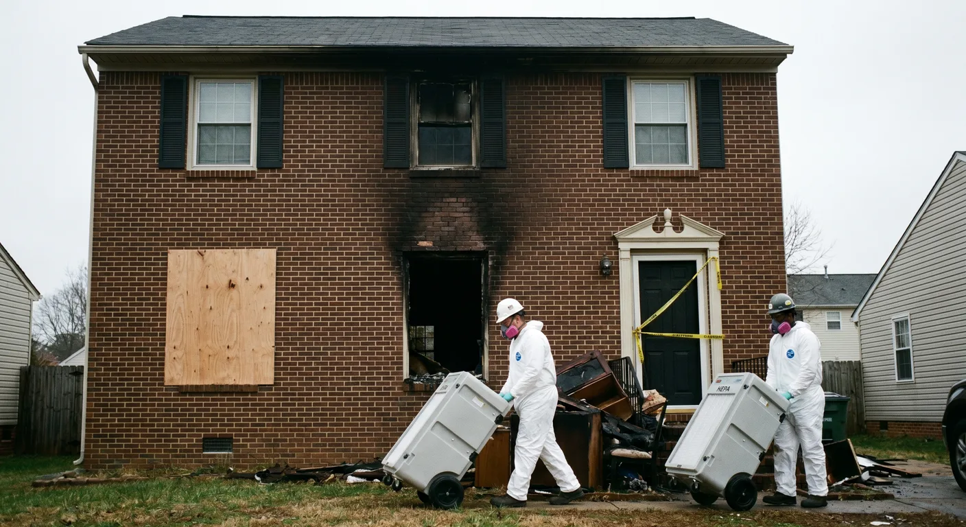 Palm Build technicians assessing soot damage inside a fire-damaged Raleigh NC brick-veneer home