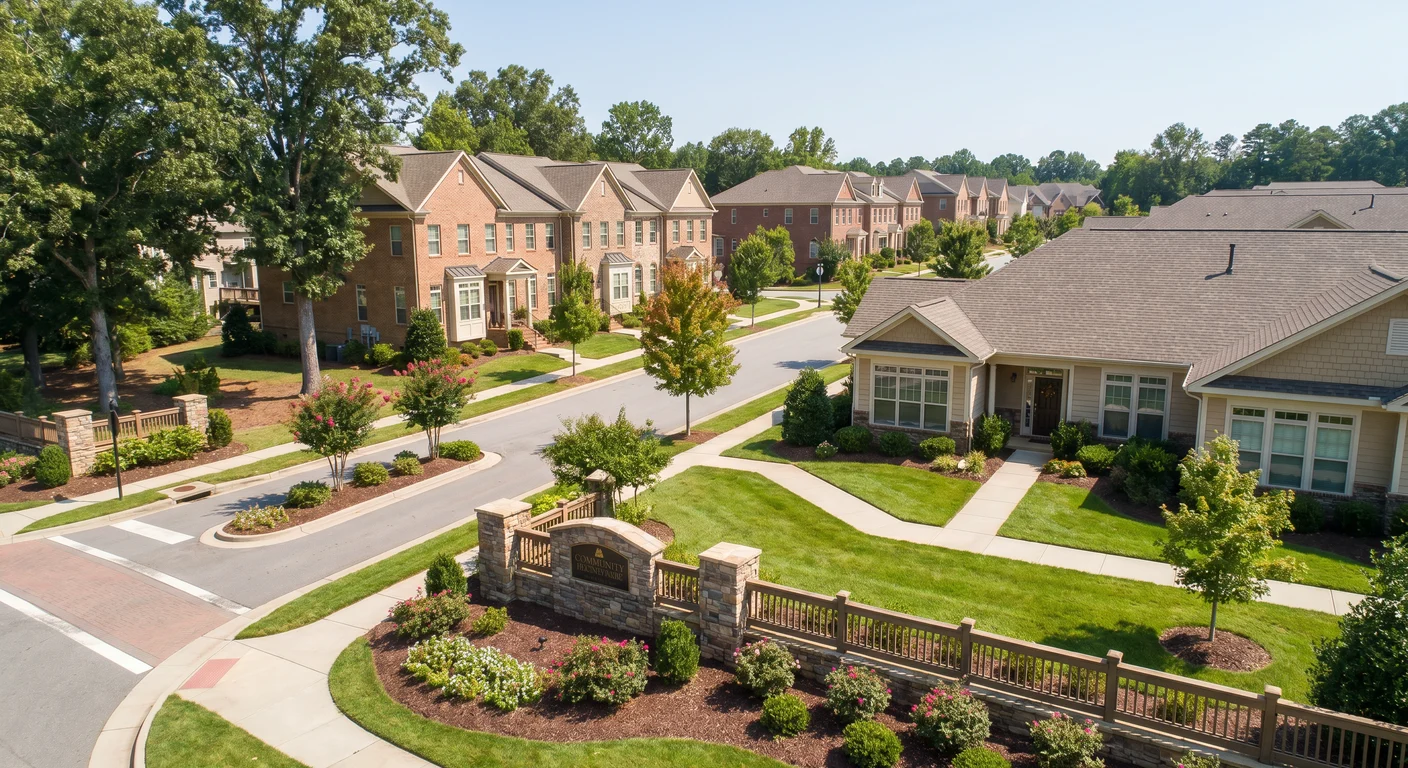 Brick townhome and condo community in North Raleigh with mature hardwoods, representing Triangle HOA-governed properties