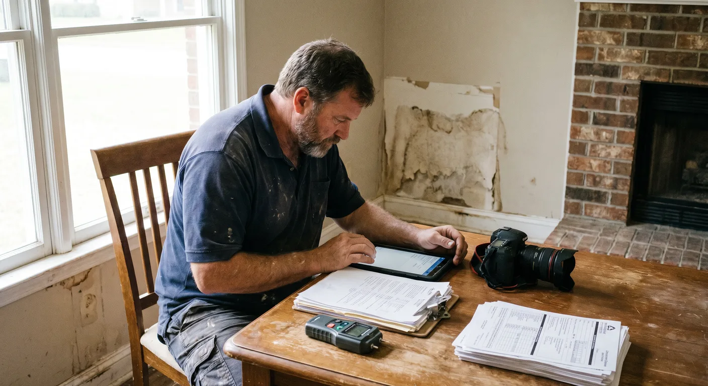 Palm Build restoration manager documenting water damage with a tablet and clipboard in a Raleigh, NC home during an insurance claim inspection