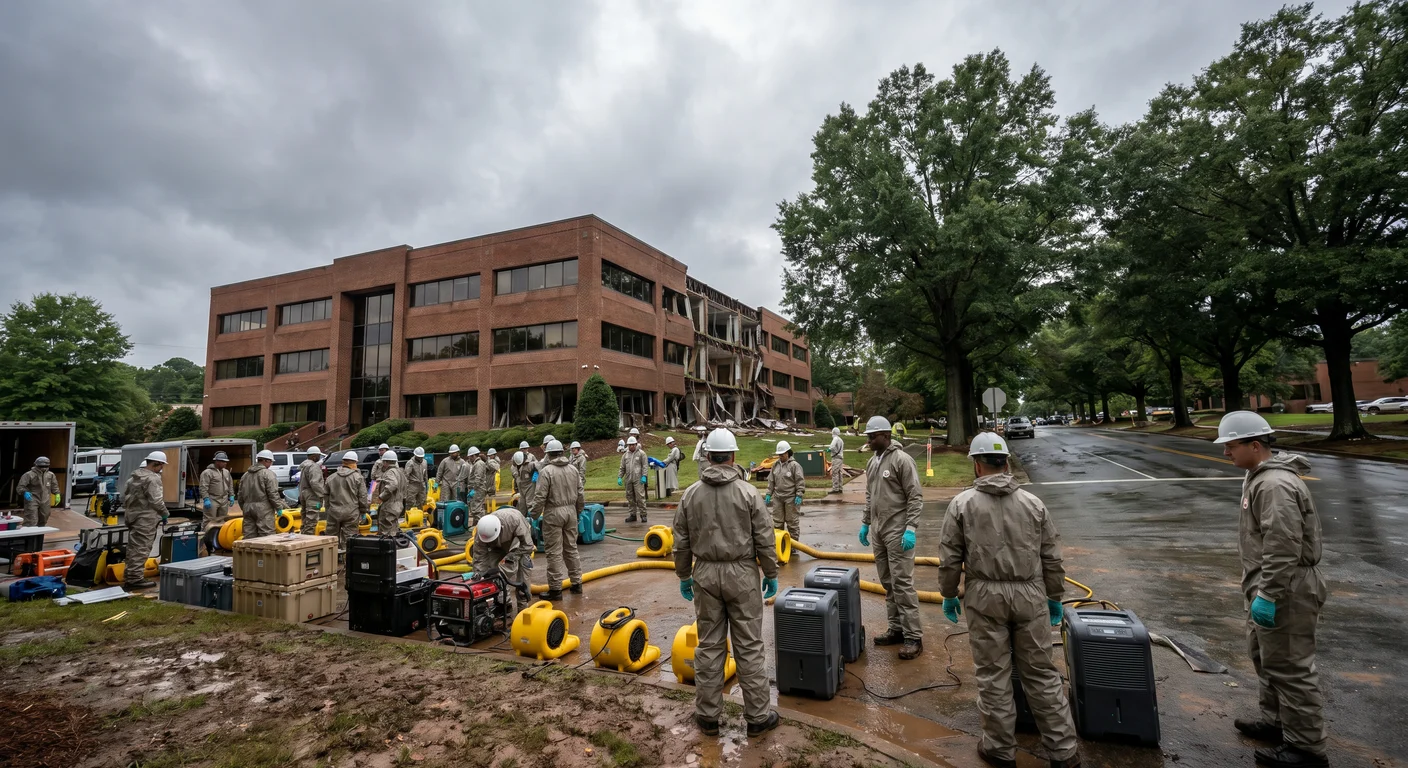 Large-scale multi-building commercial damage in Raleigh NC with Palm Build large loss crew and industrial drying equipment staged after a catastrophe event