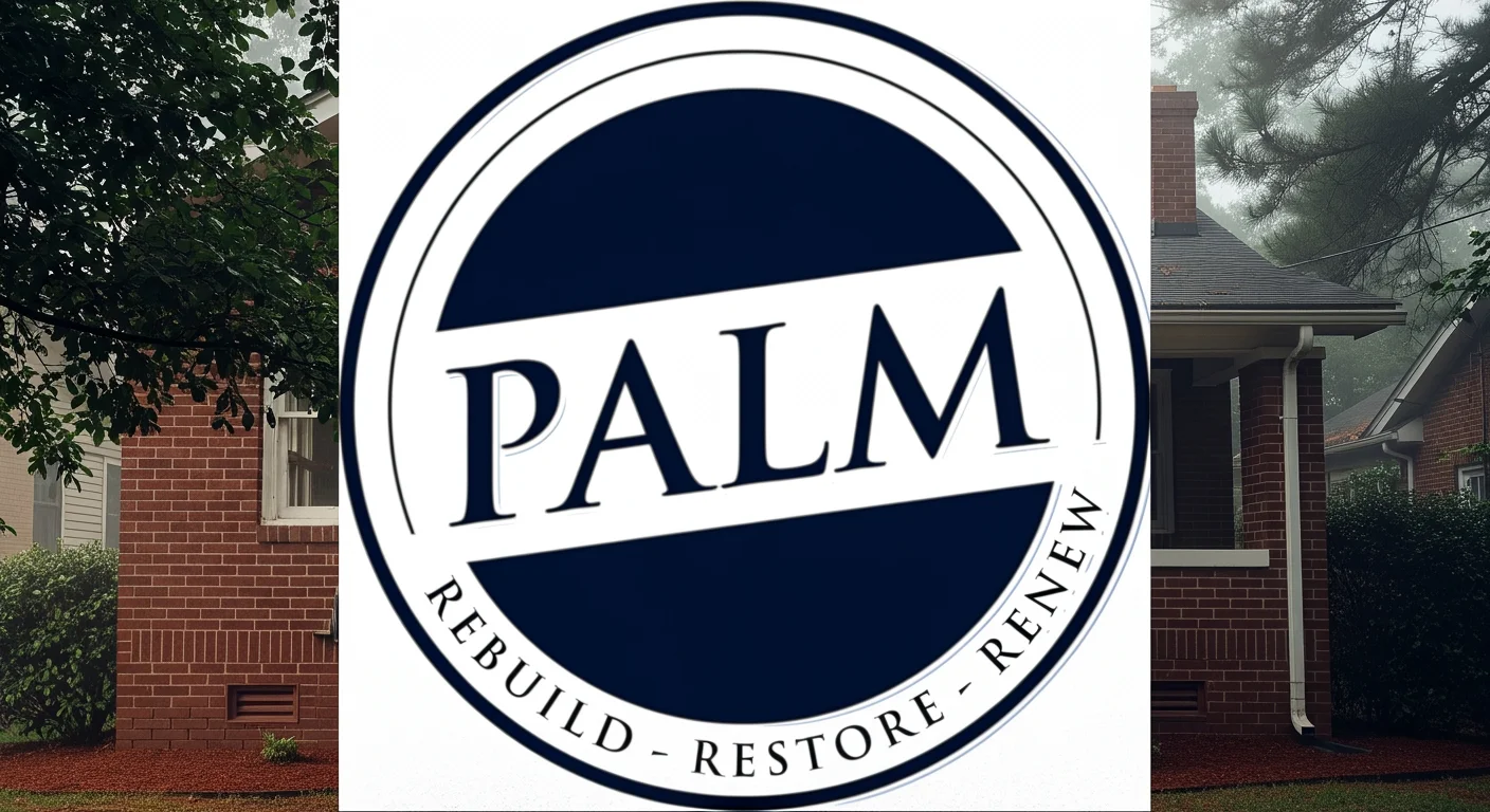 Palm Build mold remediation technician in full PPE standing at a brick bungalow in Raleigh, North Carolina, humid foggy morning with mature oak trees and crawl space vents visible at foundation