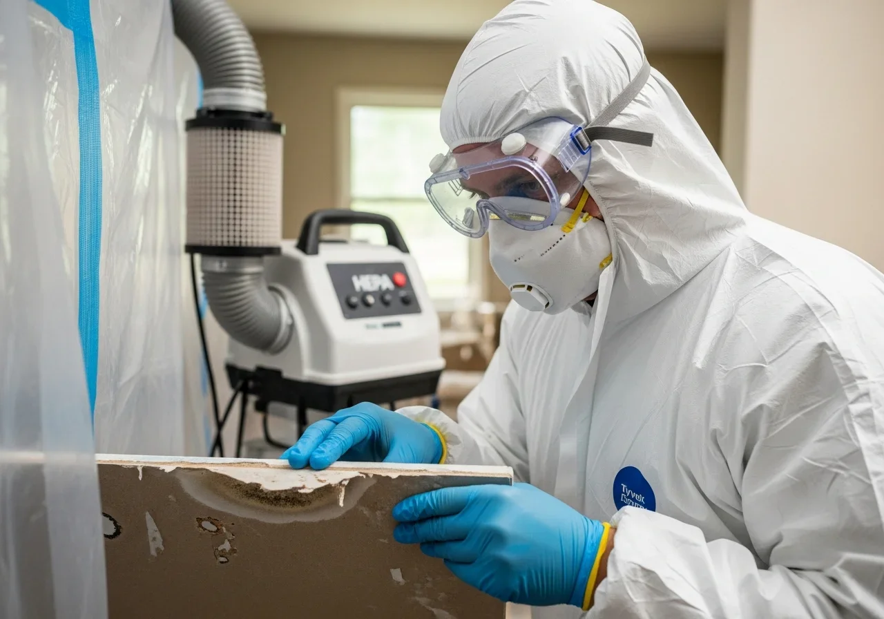 Palm Build technician in full PPE performing mold remediation in a Raleigh North Carolina home