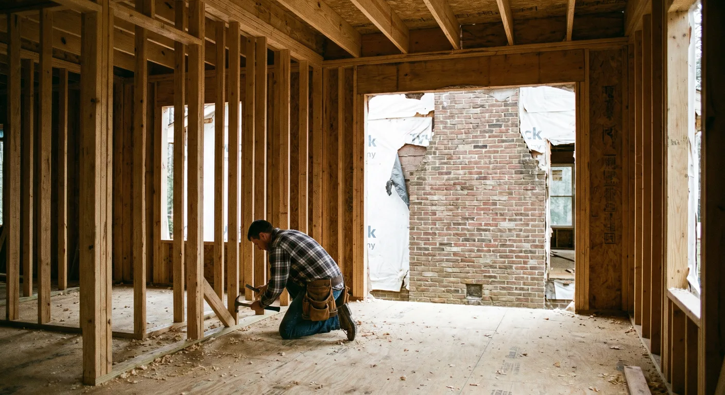 Interior rebuild framing in progress at a Raleigh NC home showing new wood stud walls and sub-floor work