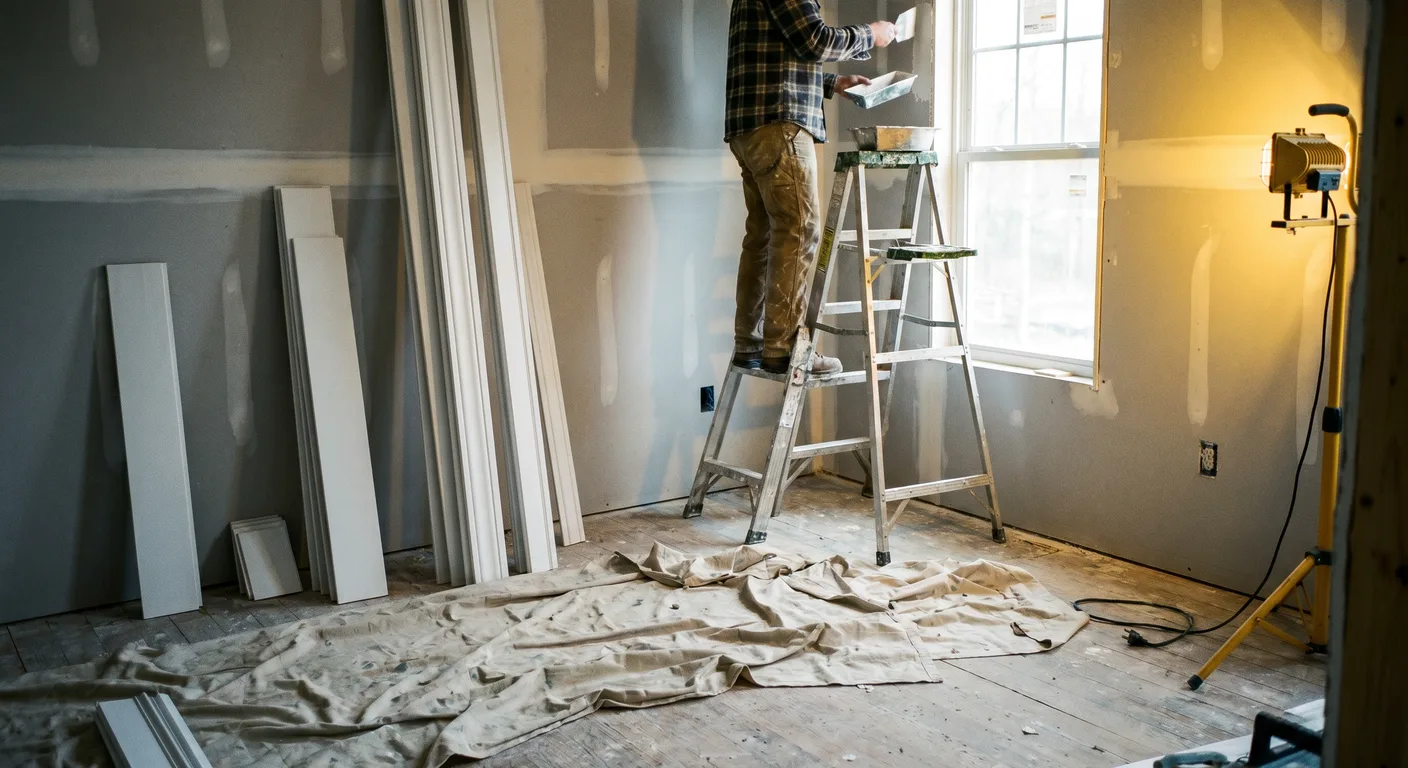 Drywall and rebuild work in progress inside a Raleigh NC home after fire damage