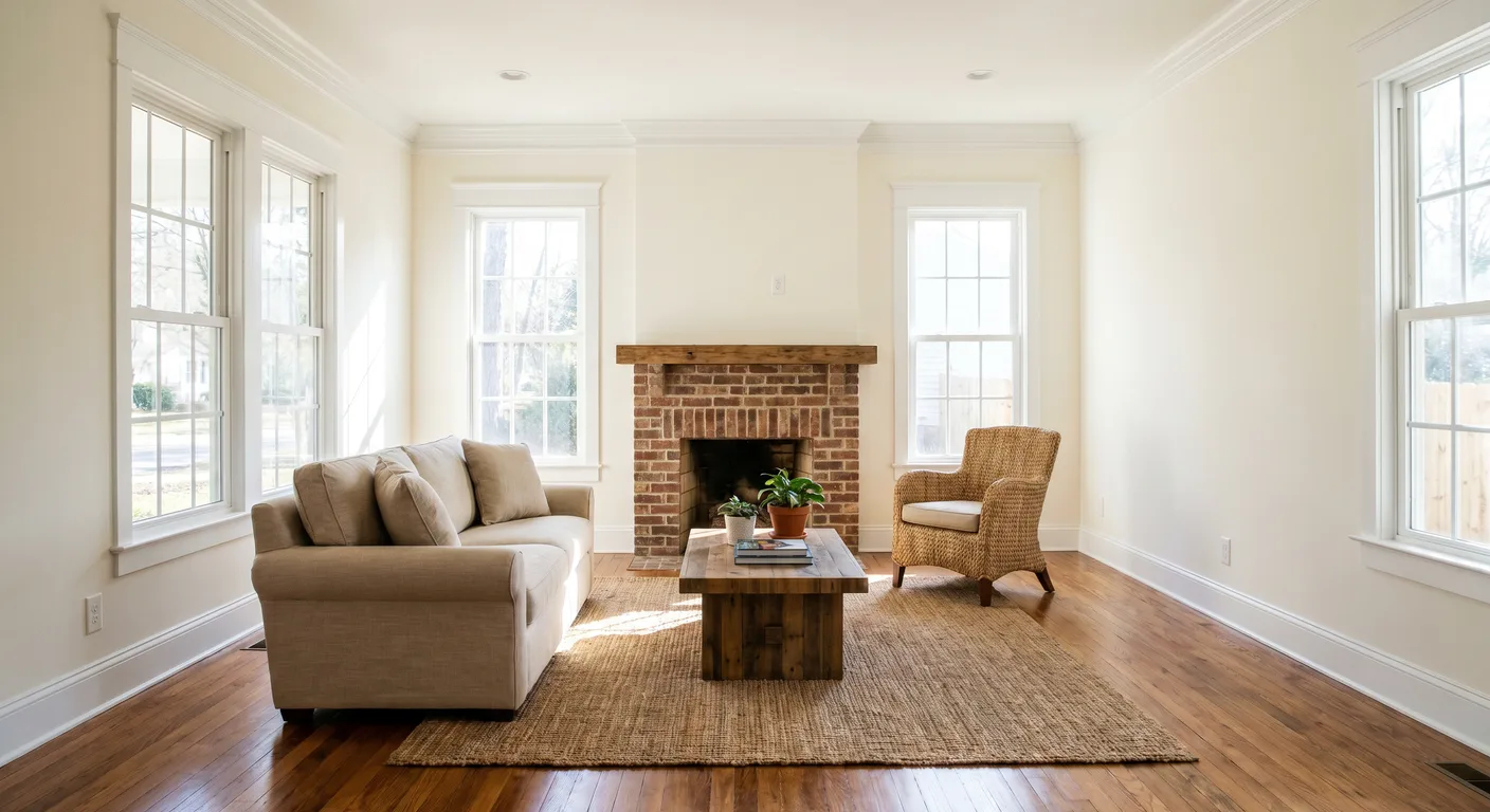 Beautifully restored living room with refinished hardwood floors and fresh finishes in a Raleigh NC home after full reconstruction