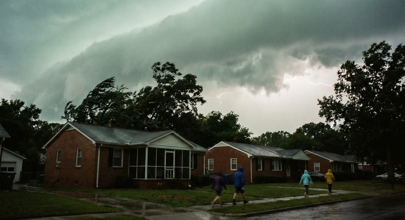 Severe thunderstorm approaching Raleigh NC neighborhood with dark clouds over residential homes