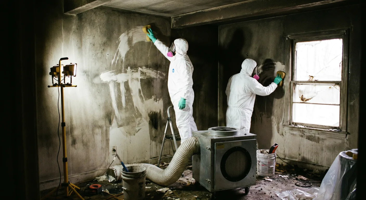 Restoration team performing soot cleanup with HEPA equipment in a Raleigh home