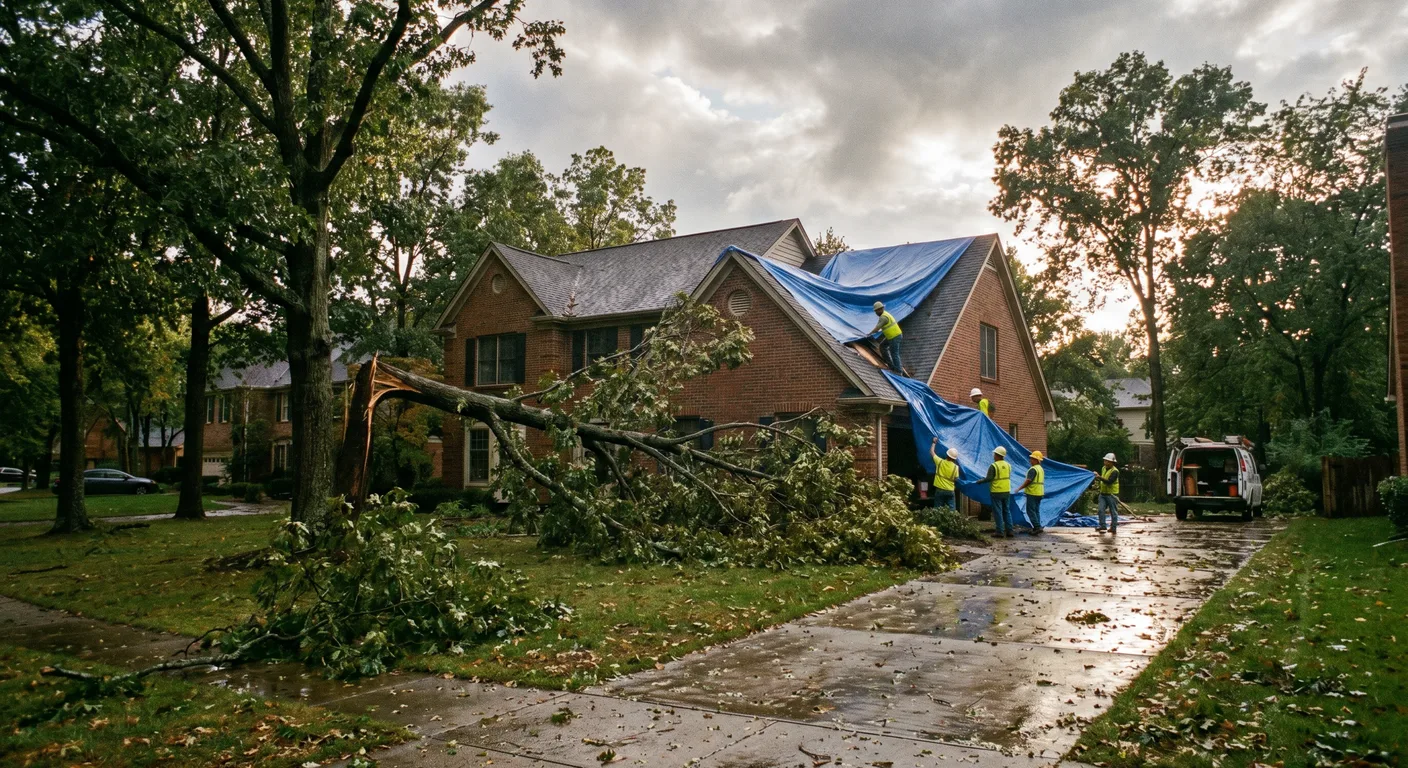 Tree fallen on roof of Raleigh NC brick home with Palm Build crew tarping after a severe storm