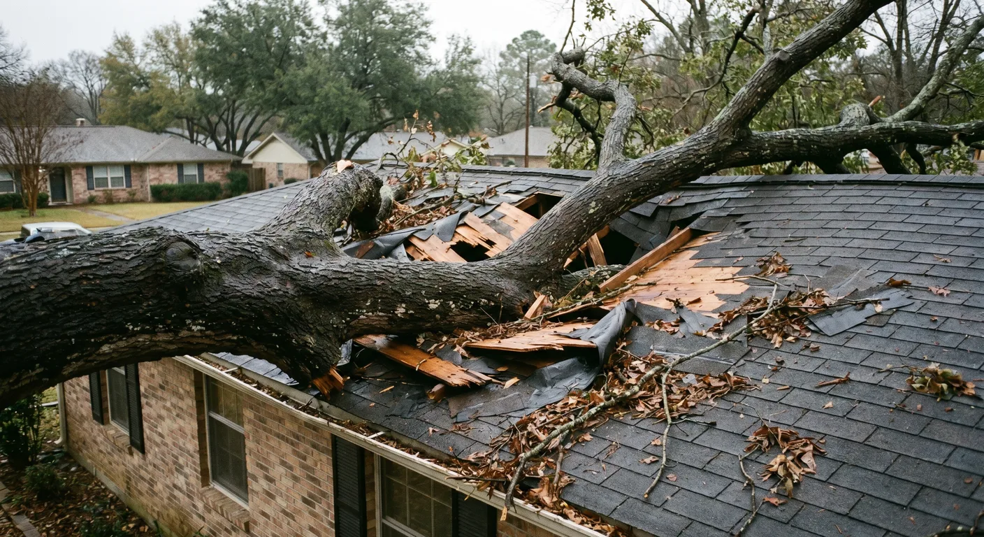 Large oak tree fallen onto the roof of a Raleigh NC brick home after a severe storm