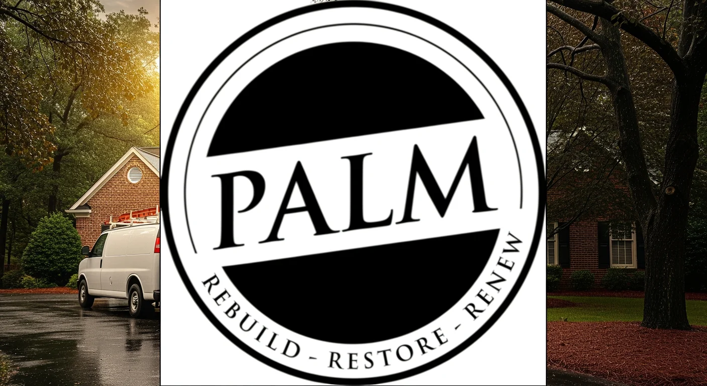 Palm Build restoration van parked at a brick home in Raleigh North Carolina after a summer storm, water extraction hoses visible, wet driveway and overcast sky breaking into afternoon light