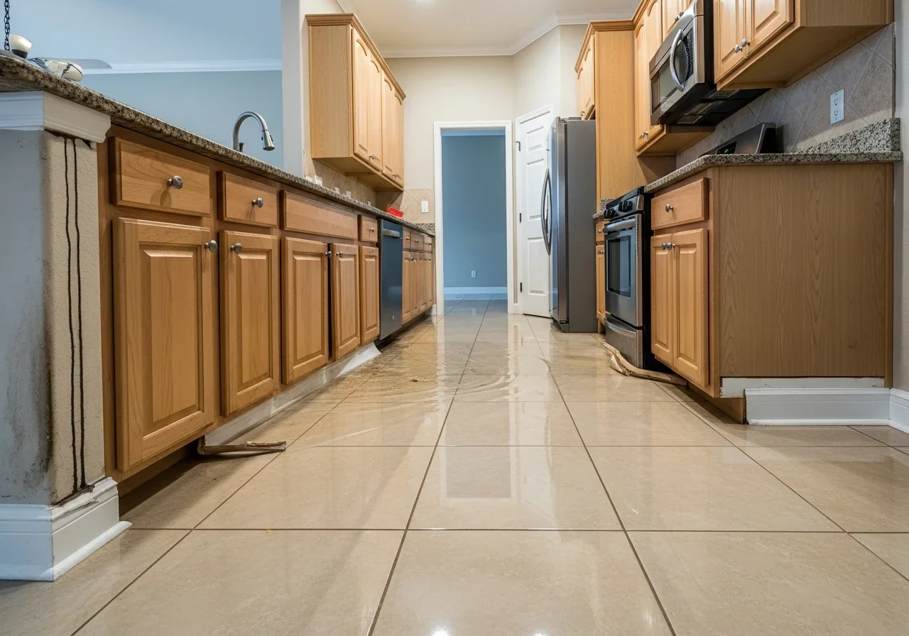 Flooded kitchen in a Riviera Beach, FL home before water damage restoration