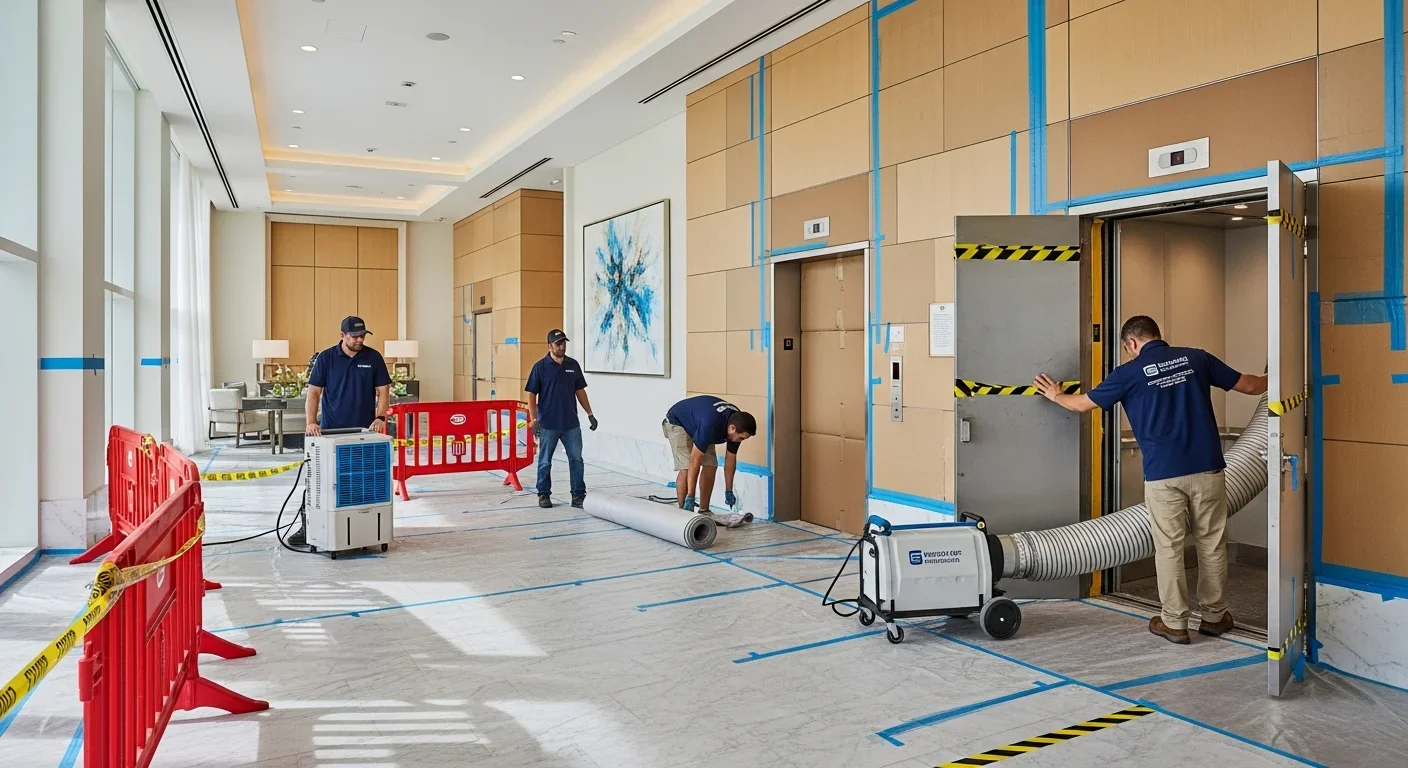 Palm Build water damage restoration containment setup in a Singer Island condo lobby