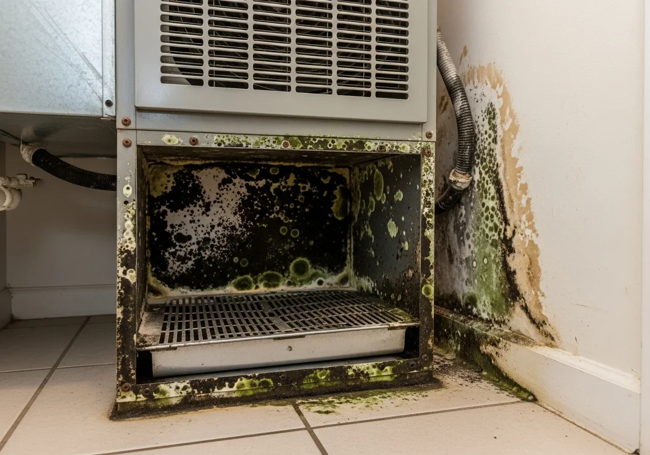 HVAC unit with mold growth from condensation in a Riviera Beach, FL home