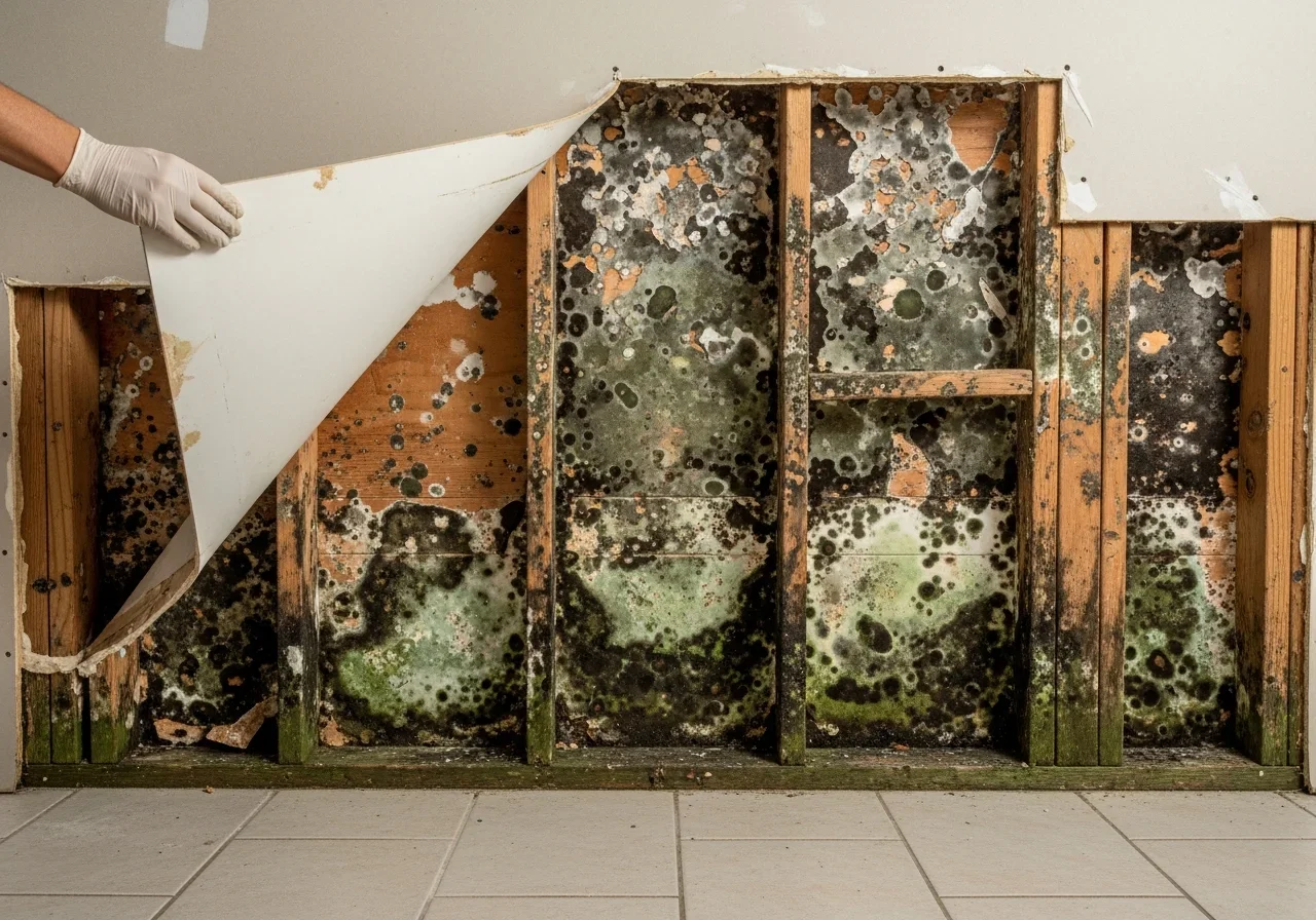Black mold growth exposed behind drywall in a Riviera Beach, FL home
