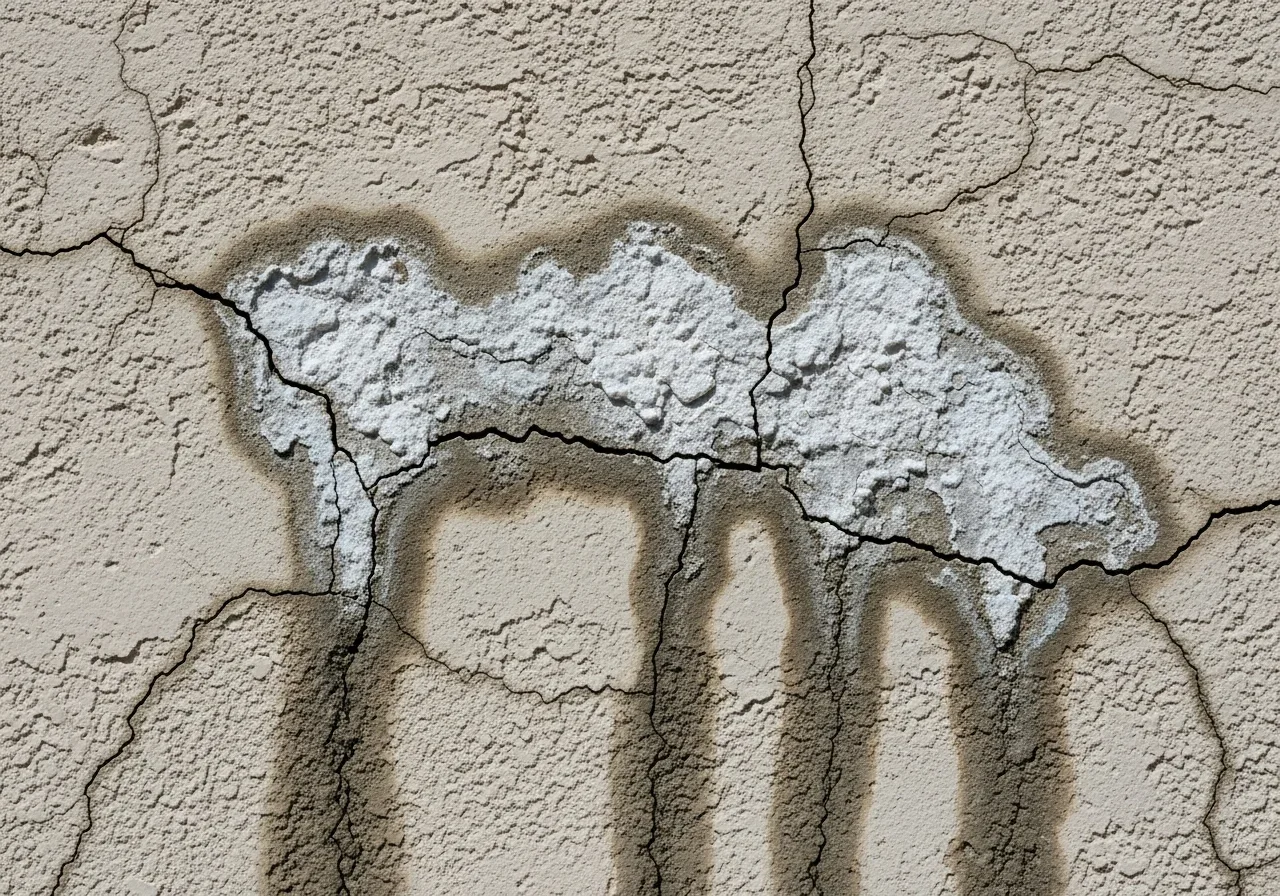 Stucco wall with moisture damage and salt efflorescence on a Riviera Beach, FL home