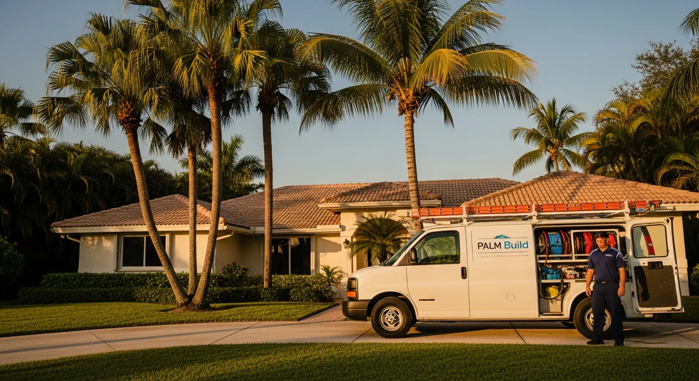 Palm Build technician performing water damage restoration in a Riviera Beach, FL home
