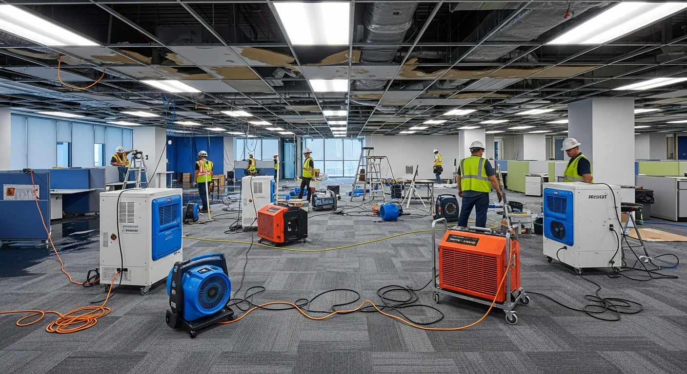 Interior of a Rock Hill SC commercial property undergoing professional restoration with Palm Build equipment and containment barriers