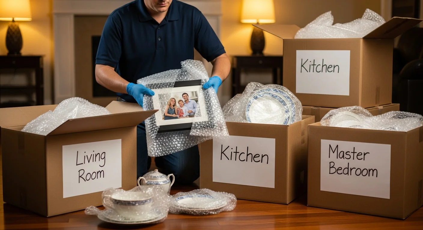 Palm Build contents restoration team carefully inventorying and packing personal belongings in a Rock Hill SC home after water damage