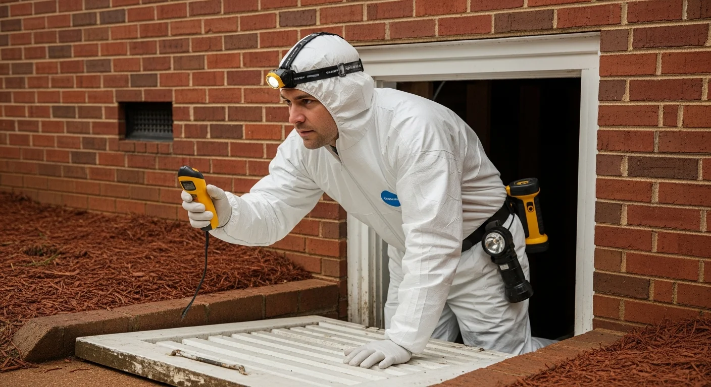 Palm Build IICRC-certified technician inspecting mold and moisture damage inside a vented crawl space beneath a Rock Hill SC brick ranch home
