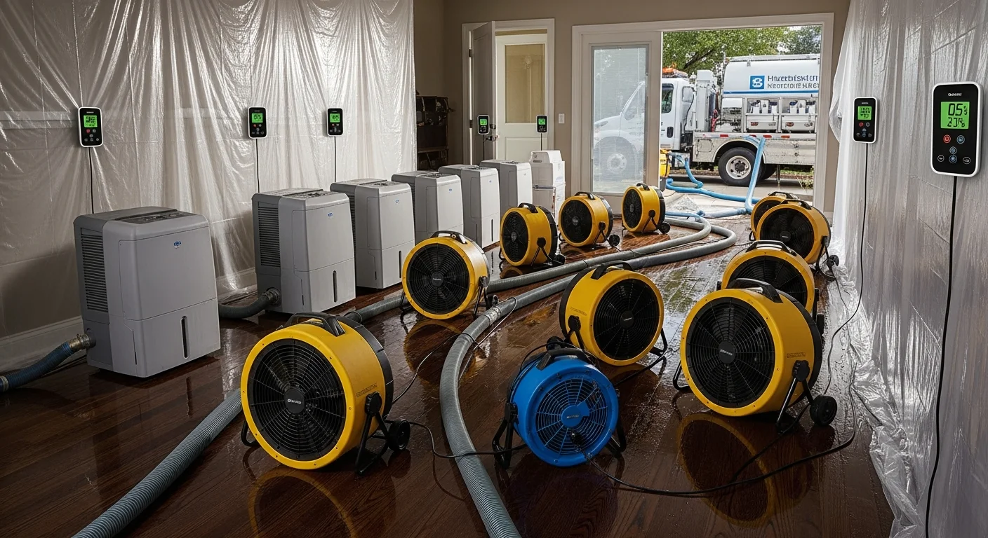 Professional drying equipment setup during water damage restoration in a Rock Hill SC home