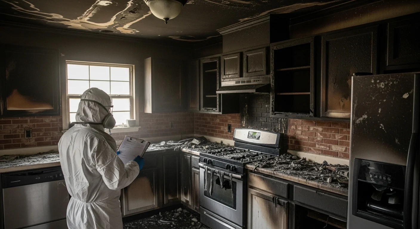 Palm Build fire damage restoration technician assessing smoke and soot damage inside a Rock Hill SC home with thermal imaging equipment