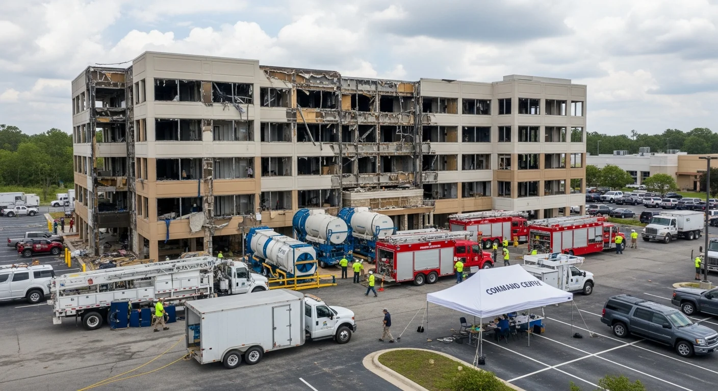 Large-scale commercial restoration project in Rock Hill SC with Palm Build team coordinating multi-crew operations across a damaged property