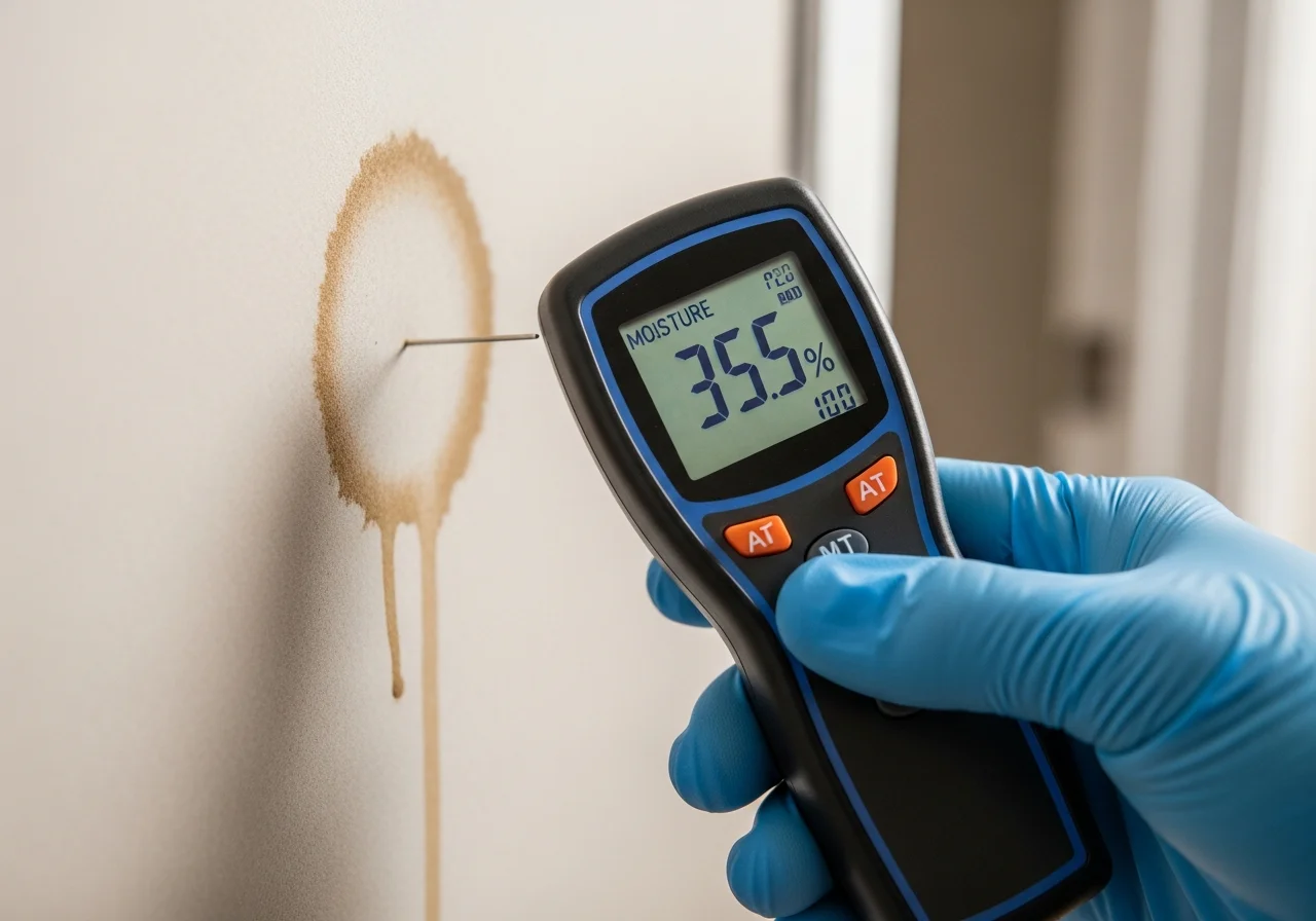 Palm Build technician taking moisture meter readings in a Rock Hill SC property for insurance documentation