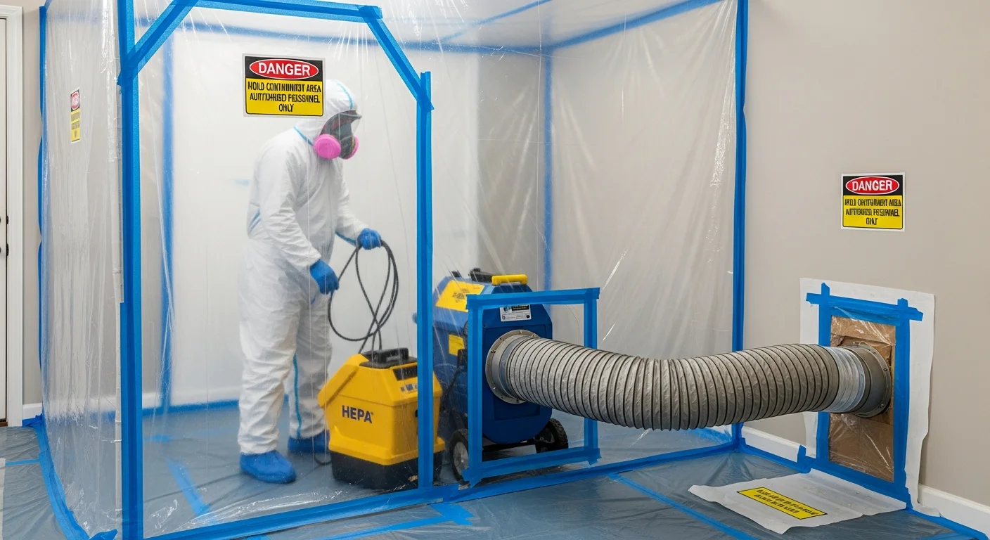 Professional mold containment setup with polyethylene sheeting in Rock Hill SC home