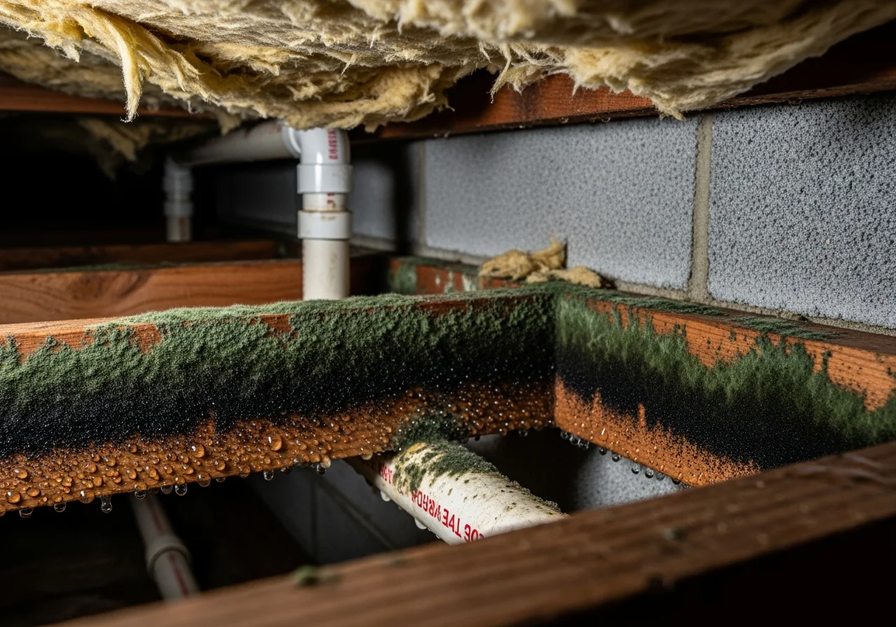 Close-up of mold growth on floor joists in a Rock Hill SC crawl space showing structural damage from persistent humidity