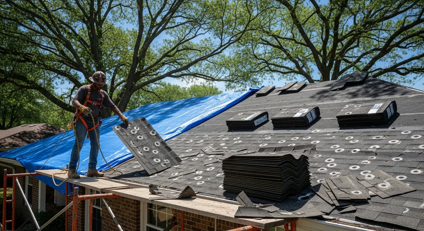 Roof repair in progress on a hail-damaged Rock Hill SC home