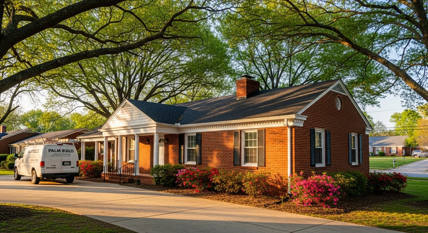 Palm Build restoration van parked at a Rock Hill, South Carolina brick ranch home with mature oak trees and Piedmont red clay soil visible