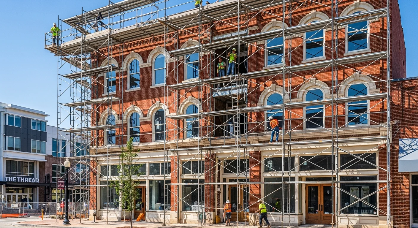Downtown Rock Hill SC commercial building renovation showing historic brick facade and modern restoration work