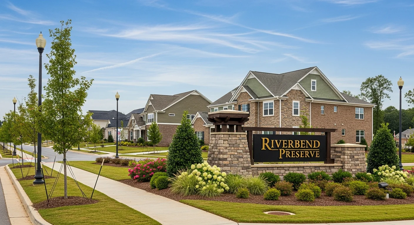 Entrance to a planned HOA community in Rock Hill SC showing manicured landscaping and community signage typical of York County subdivisions