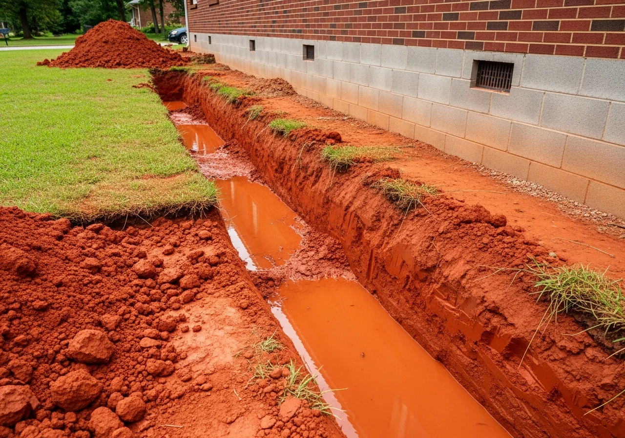 Piedmont red clay soil exposed near a Rock Hill SC home foundation showing poor drainage and water pooling