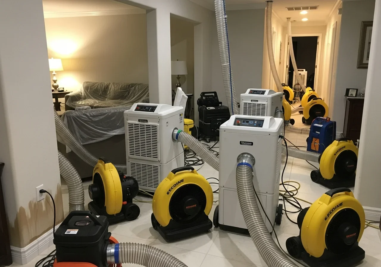 Palm Build commercial dehumidifiers and air movers set up for structural drying inside a Royal Palm Beach Florida home
