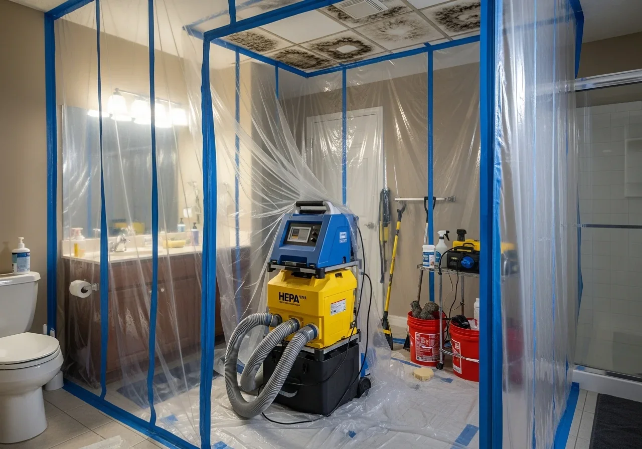 HEPA air scrubber and mold containment barrier setup during professional mold remediation in Royal Palm Beach FL