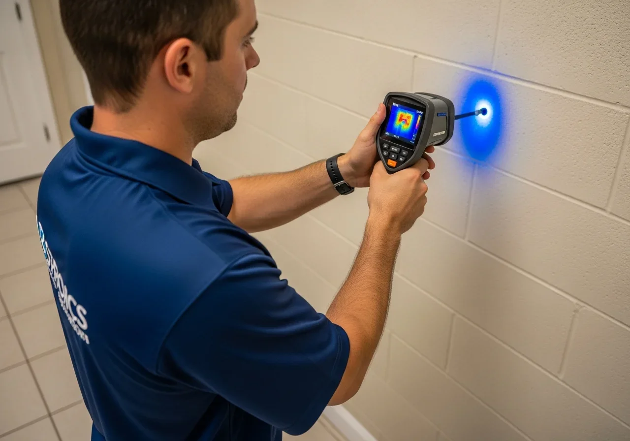 Palm Build IICRC-certified technician performing infrared thermal moisture scan on walls of a Royal Palm Beach Florida home