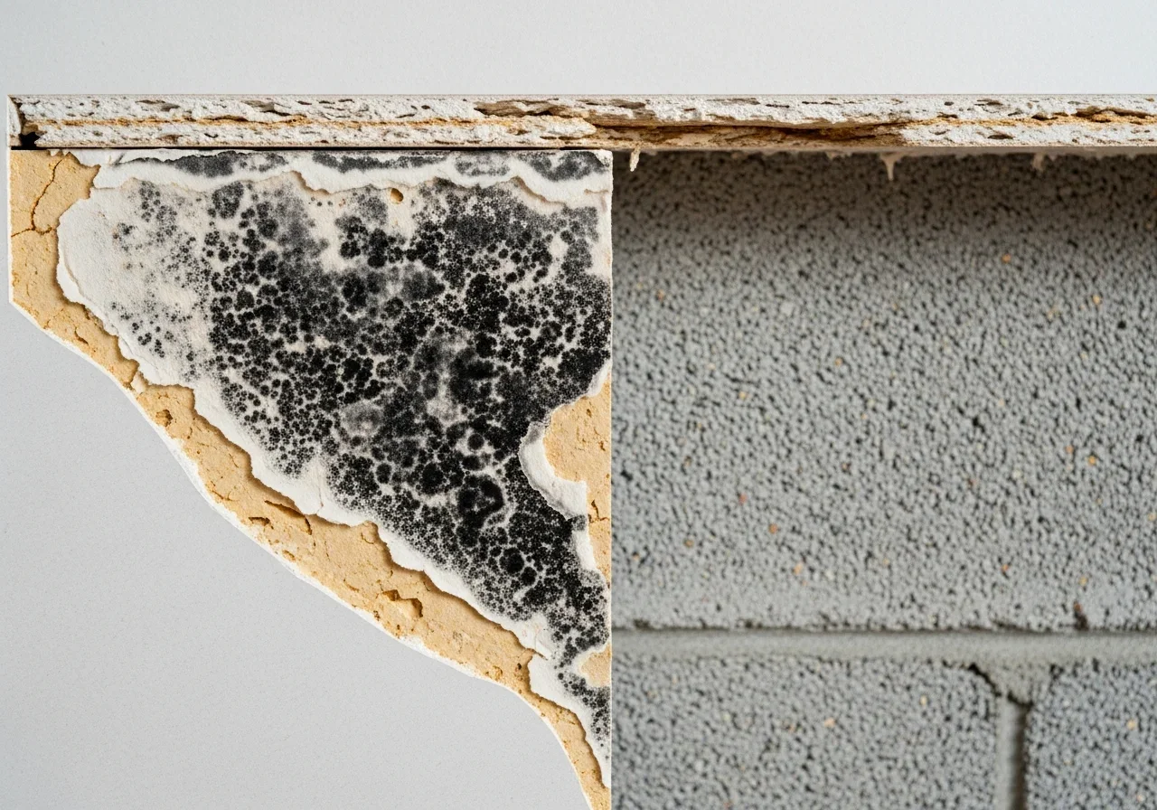 Mold colony discovered behind CBS drywall in Royal Palm Beach FL home after polybutylene pipe leak