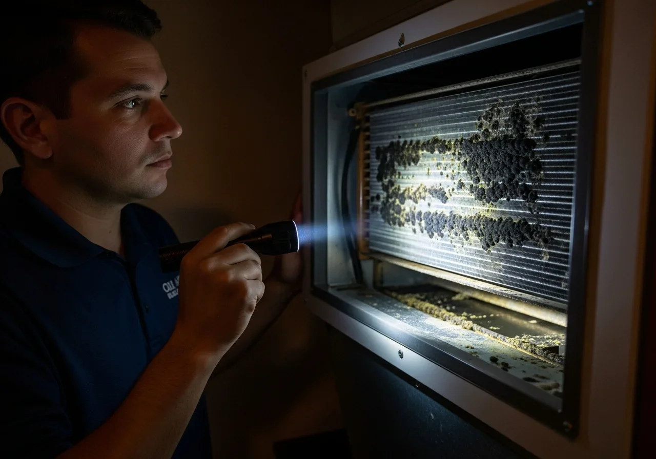Palm Build technician inspecting HVAC air handler for condensate drain clog and mold growth in Royal Palm Beach FL home