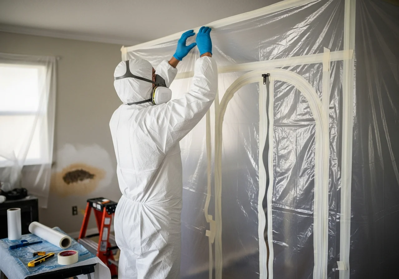 DBPR-licensed Palm Build mold remediation technician in full PPE setting up containment in a Royal Palm Beach Florida CBS home